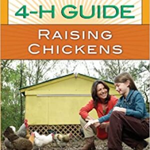 Two people sit outside a chicken coop with chickens, under a sign reading "4H Guide Raising Chickens by Tara Kindschi.