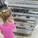 A young girl looks at cages of baby chicks for sale in a store. Signs display prices and chick breed names.