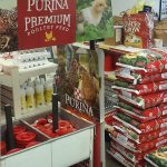 Display of Purina Premium poultry feed bags, bottles, and farming supplies inside a store.