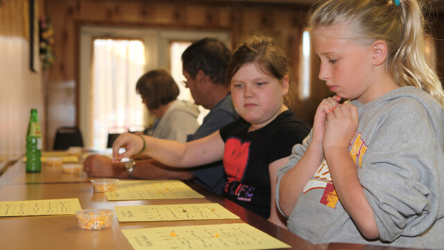 Children and adults sit at a table playing a game with yellow cards and small containers of markers. "WINGO GAME" is written above.